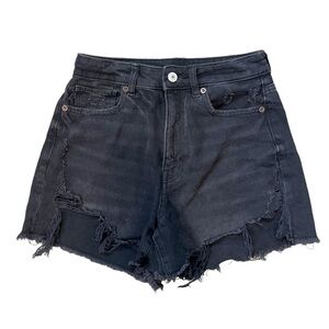 American Eagle Black Comfort Stretch Waist Band Raw Hem Distressed Denim Shorts